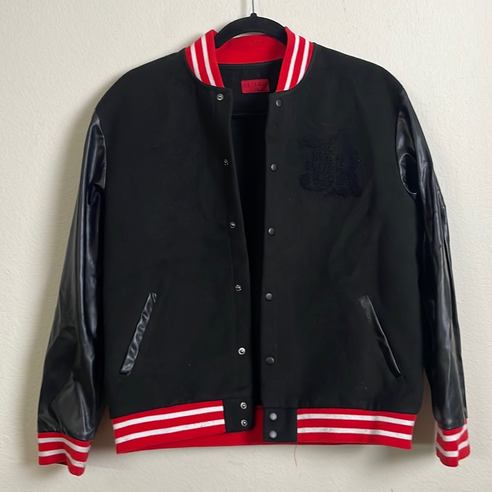 Haus of Jr black, white and red Varsity jacket